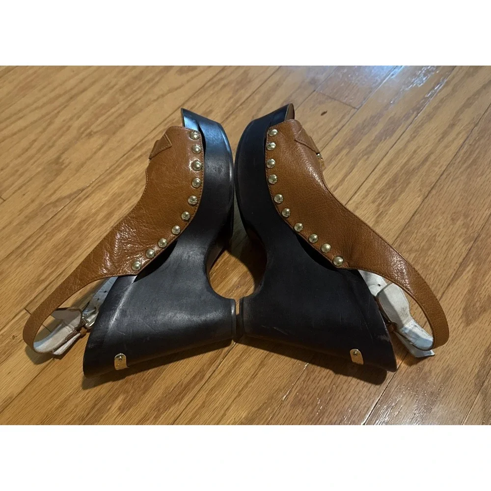 Michael Kors Brown Leather Wedge Slingback Heels Studded Logo Open Toe Sz 8